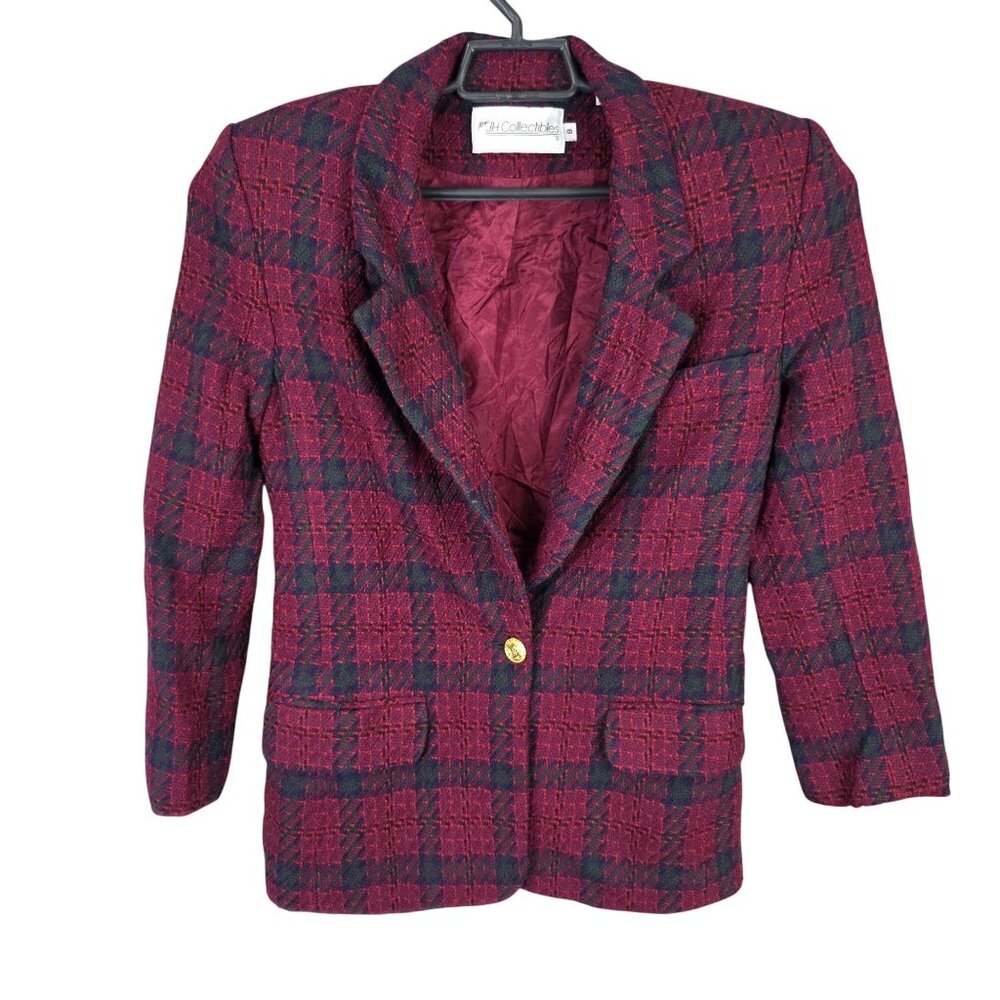 Womens Vintage JH Collectibles Red Green Plaid Wool Blazer Single Button Size M
